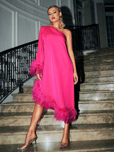 Ceridwen One Shoulder Feather Trimmed Midi Dress In Hot Pink